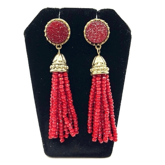 Red Drusey Gold Tone Earrings with Sparkling Long Beaded Tassels Rich Red Color - Picture 8 of 9